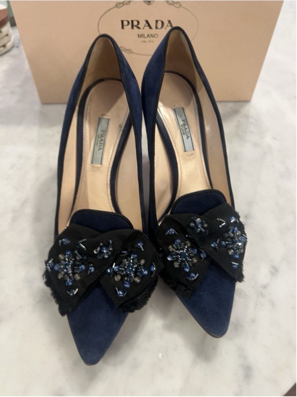 Prada Suede Beaded Bow Navy Blue Designer Heels Sz 39 (8.5/9) With Original Box - Picture 3 of 16